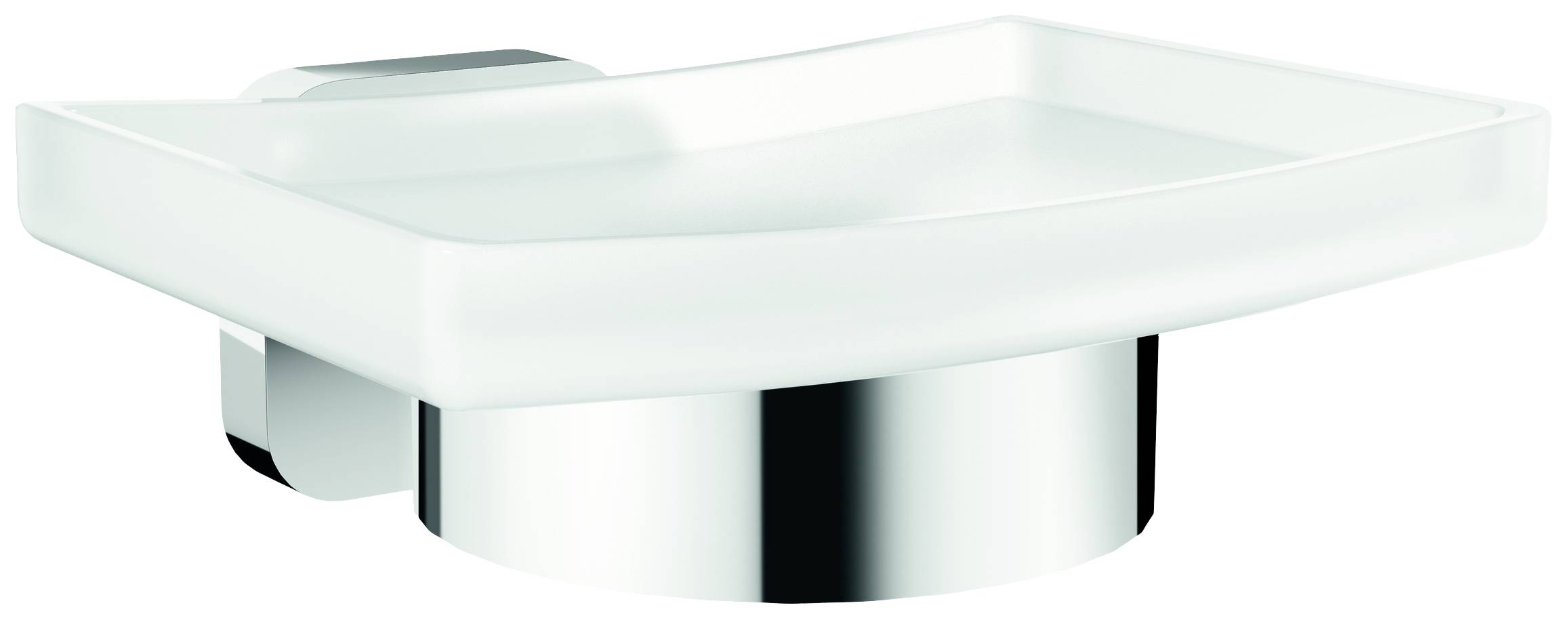 White rectangular soap dish with a shiny, silver-coloured holder. Suitable for wall mounting in the bathroom.