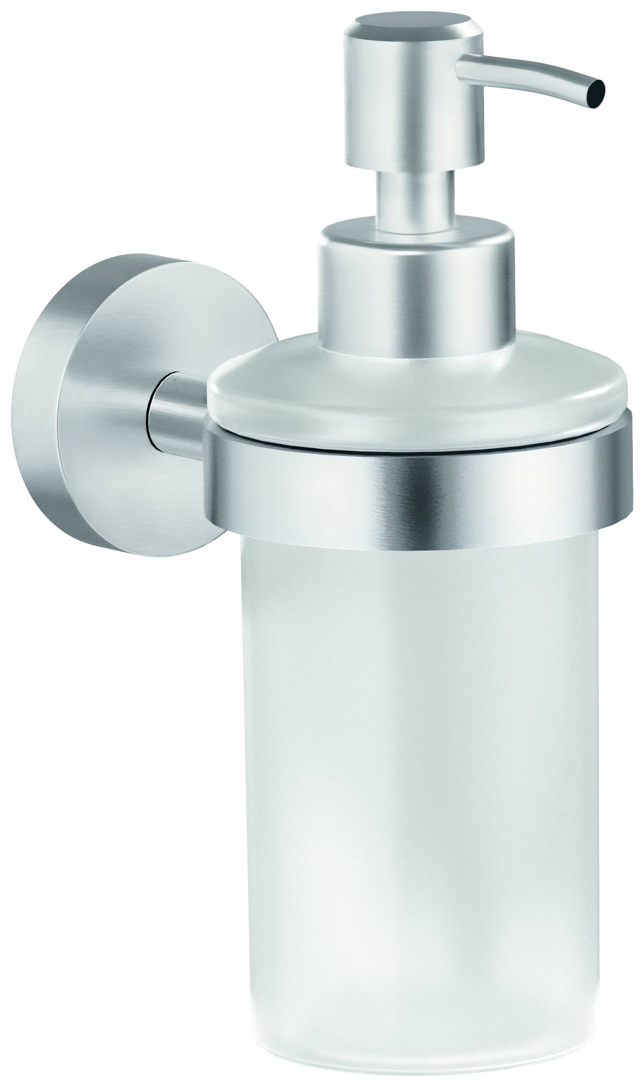 Soap dispenser made of frosted glass with a silver metal pump, wall-mounted. Ideal for bathrooms or kitchens.