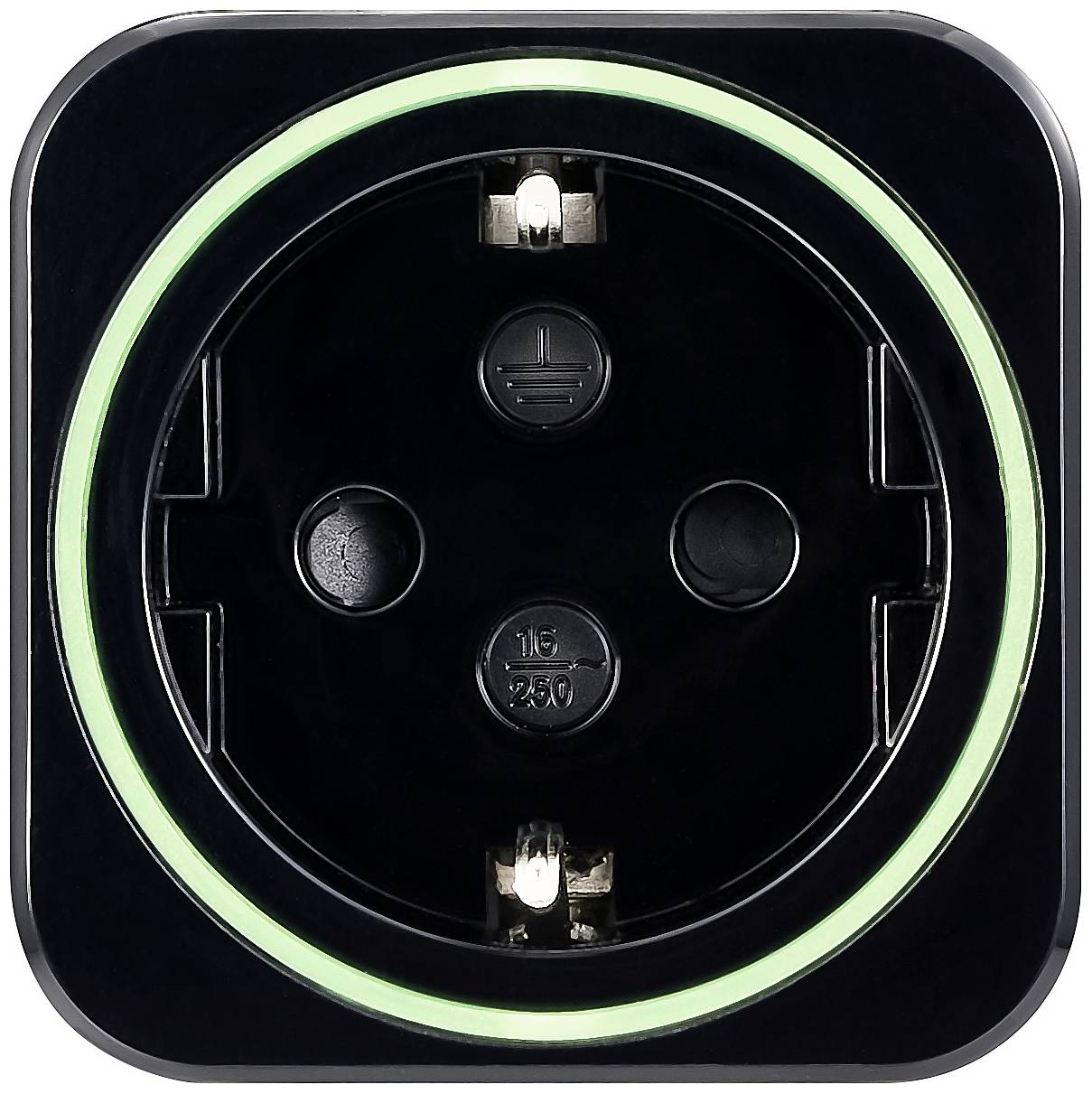 The image depicts a black socket with a green illuminated ring around its edge, suitable for connecting electrical devices.