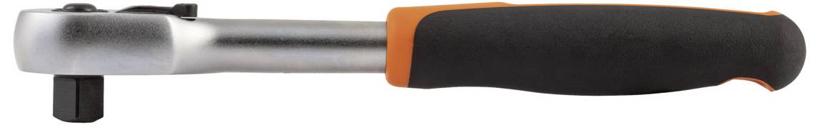 A silver ratchet spanner with a black and orange handle, positioned horizontally.