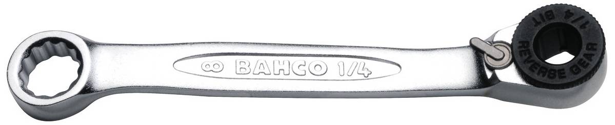 An adjustable spanner with a round head and 'Bahco 1/4' engraving. Metallic surface, suitable for precise work.