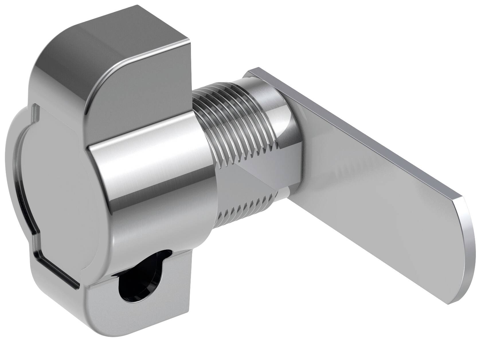 Silver Camlock with a locking lever pointing to the right. Used for safety-critical applications such as electrical control cabinets.