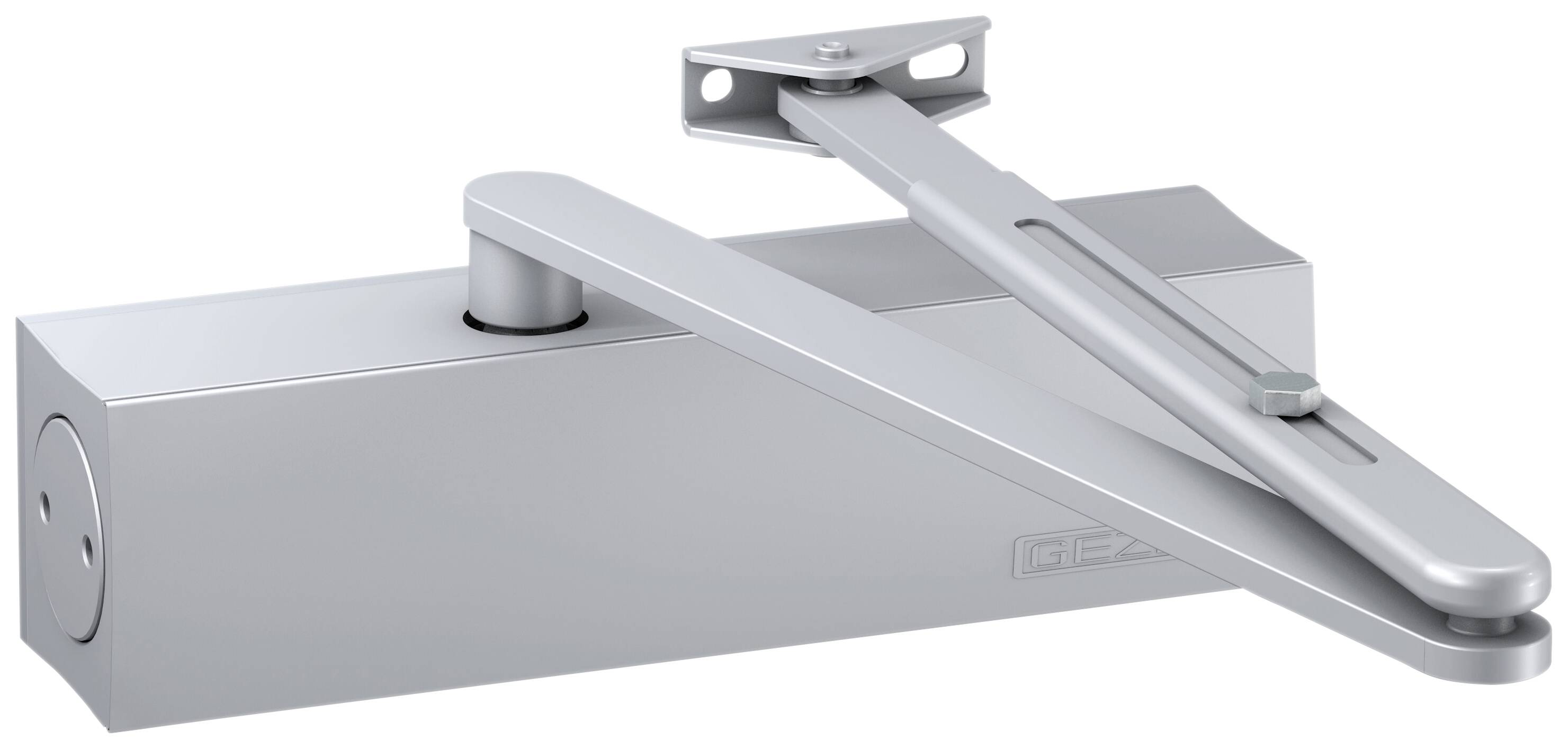 A silver door closer with lever arm, mountable, for automatic door closure in buildings. Suitable for interior and exterior doors.