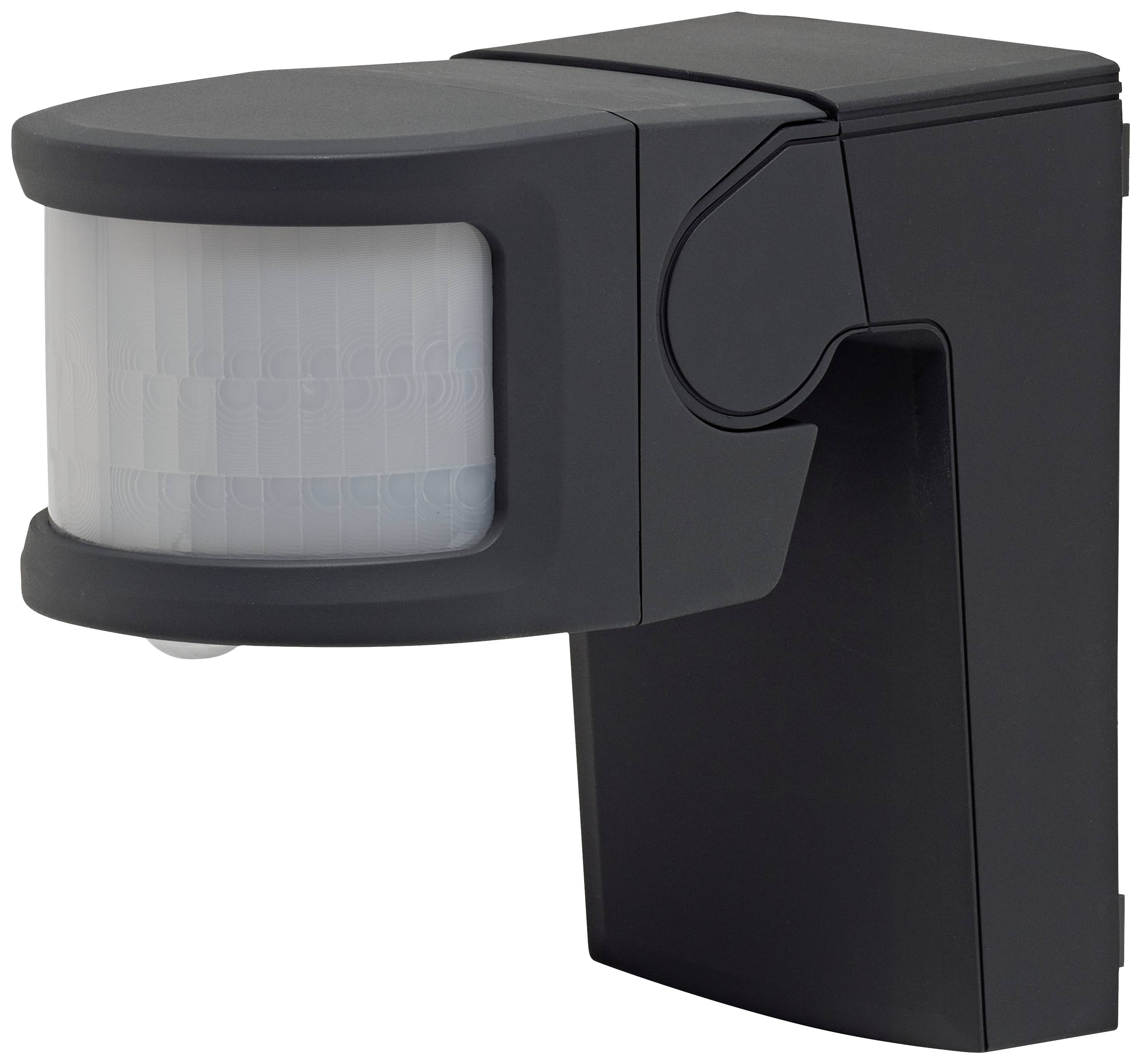 Black motion sensor with curved sensor and rectangular housing, suitable for wall mounting.