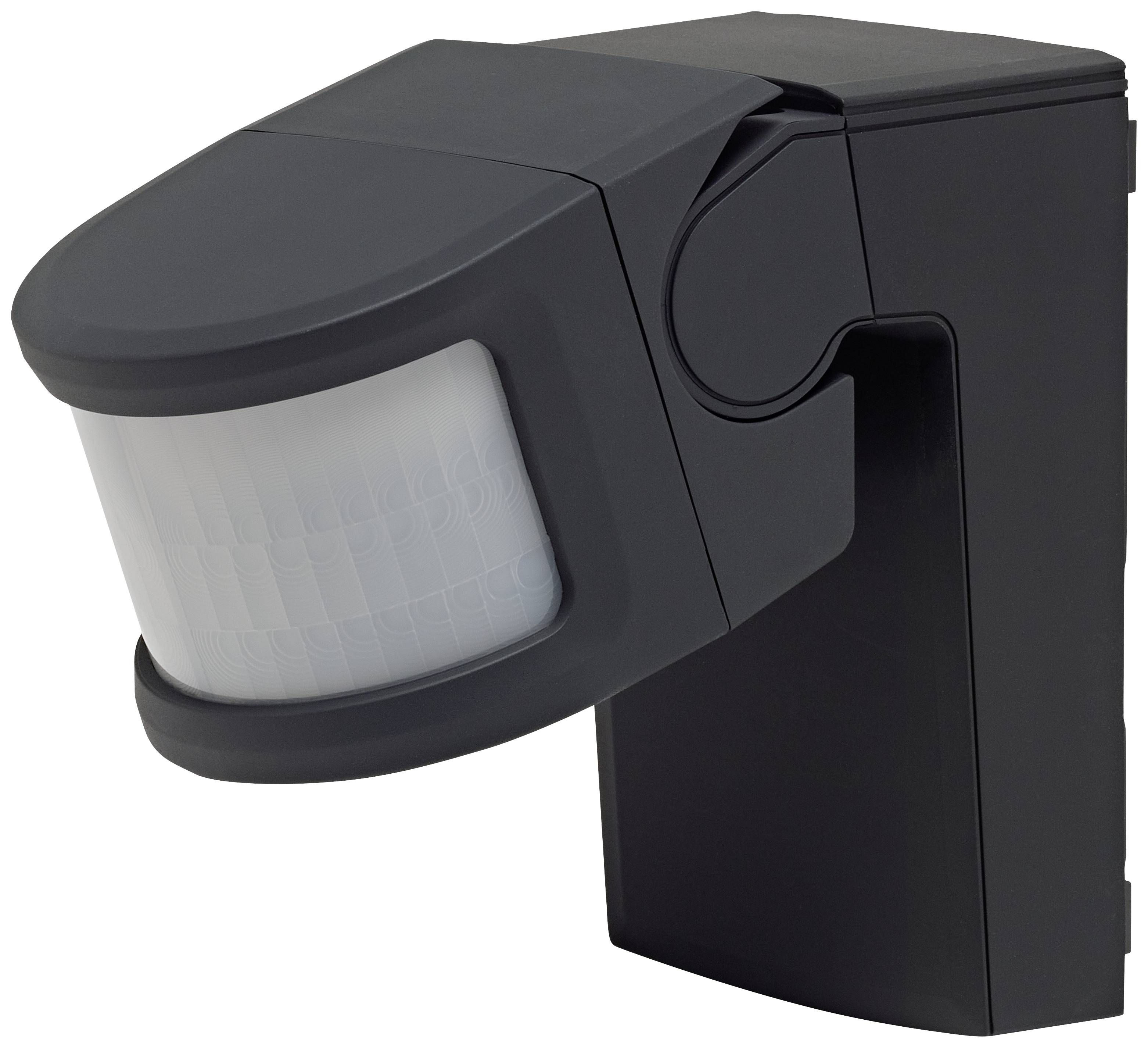 A black motion sensor with a white lens, mounted at an angle. Suitable for monitoring areas for security purposes.