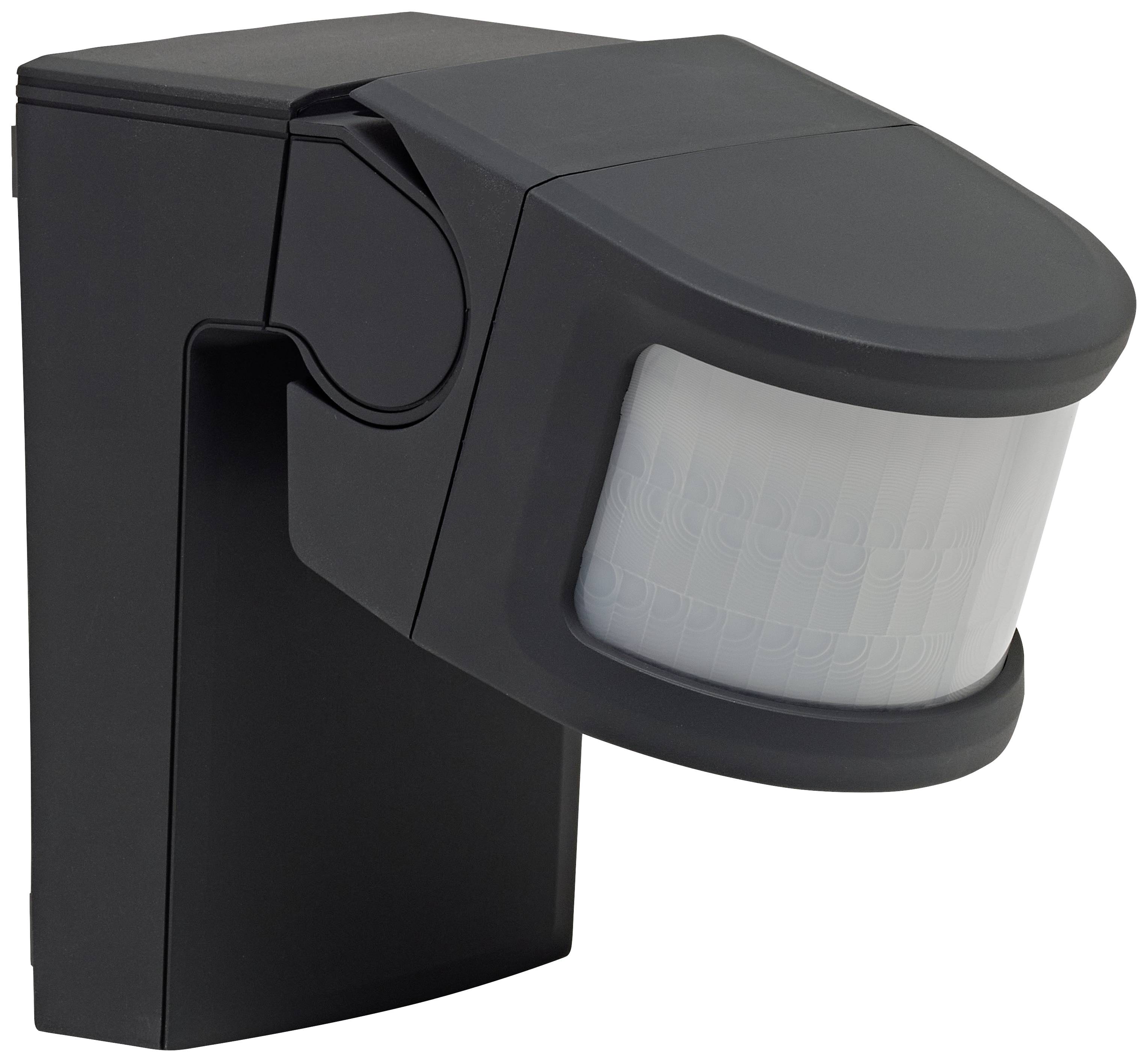 A black motion sensor with a large, white detection sensor, mounted on a rectangular base.