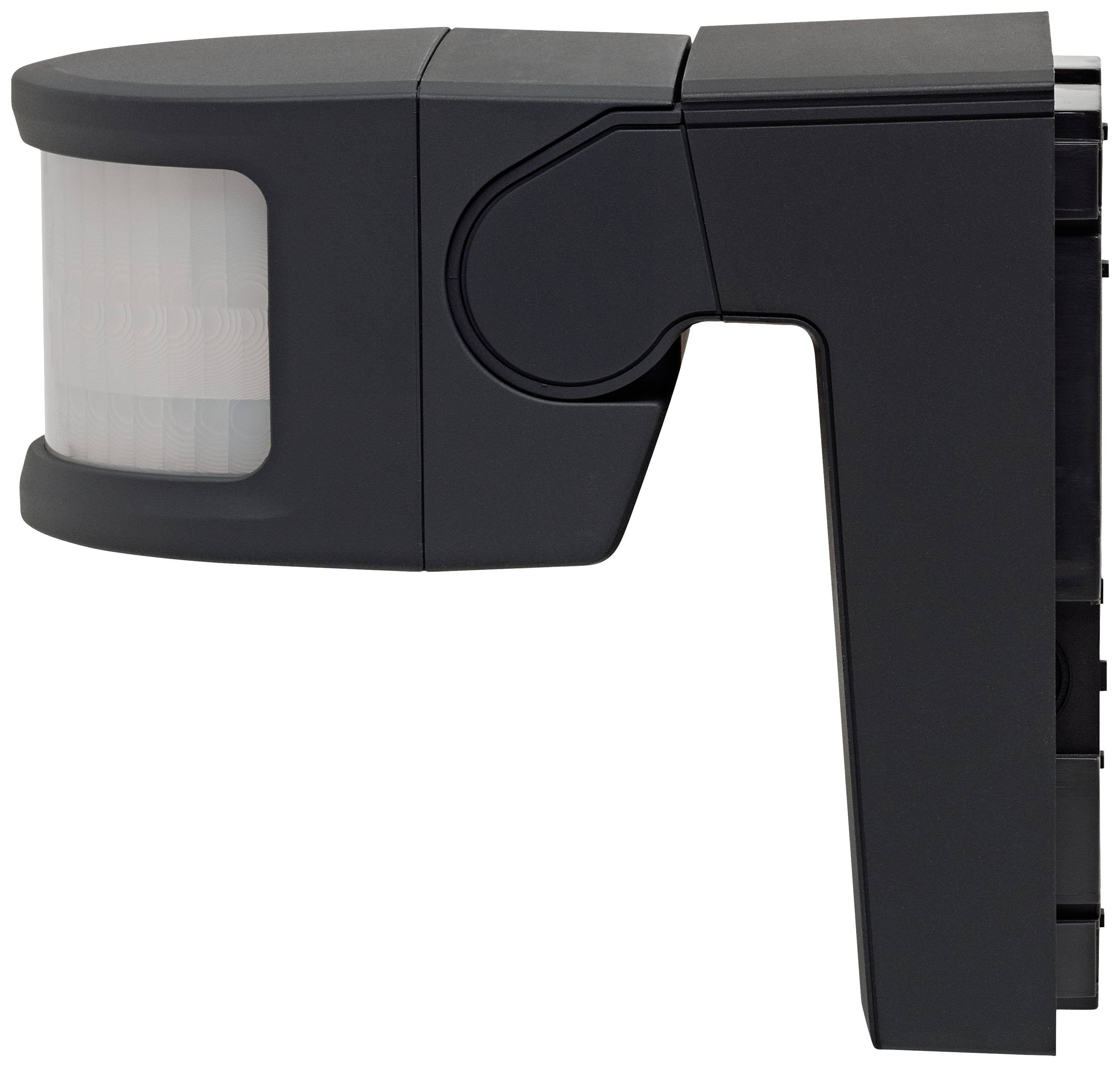 Black motion sensor with rectangular design and rounded edges, side view.
