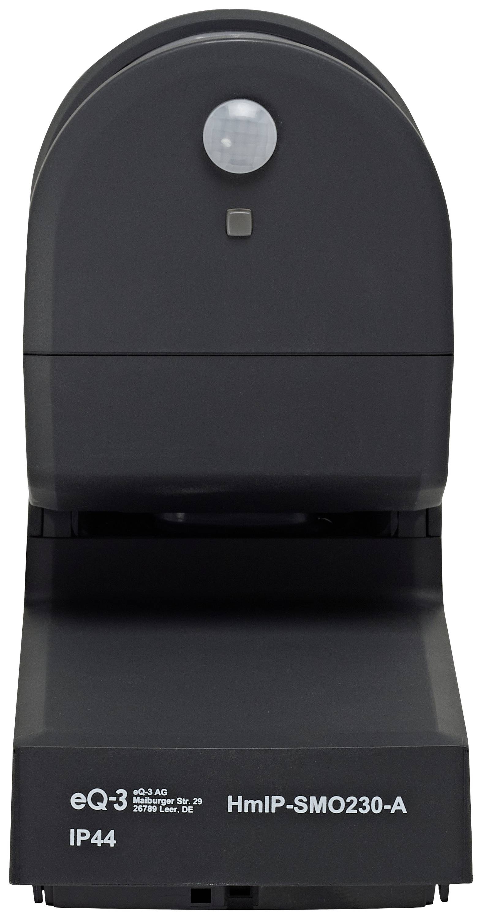 A black motion sensor by eQ-3, model HmIP-SMO230-A, with a small sensor lens at the top and IP44 protection class.