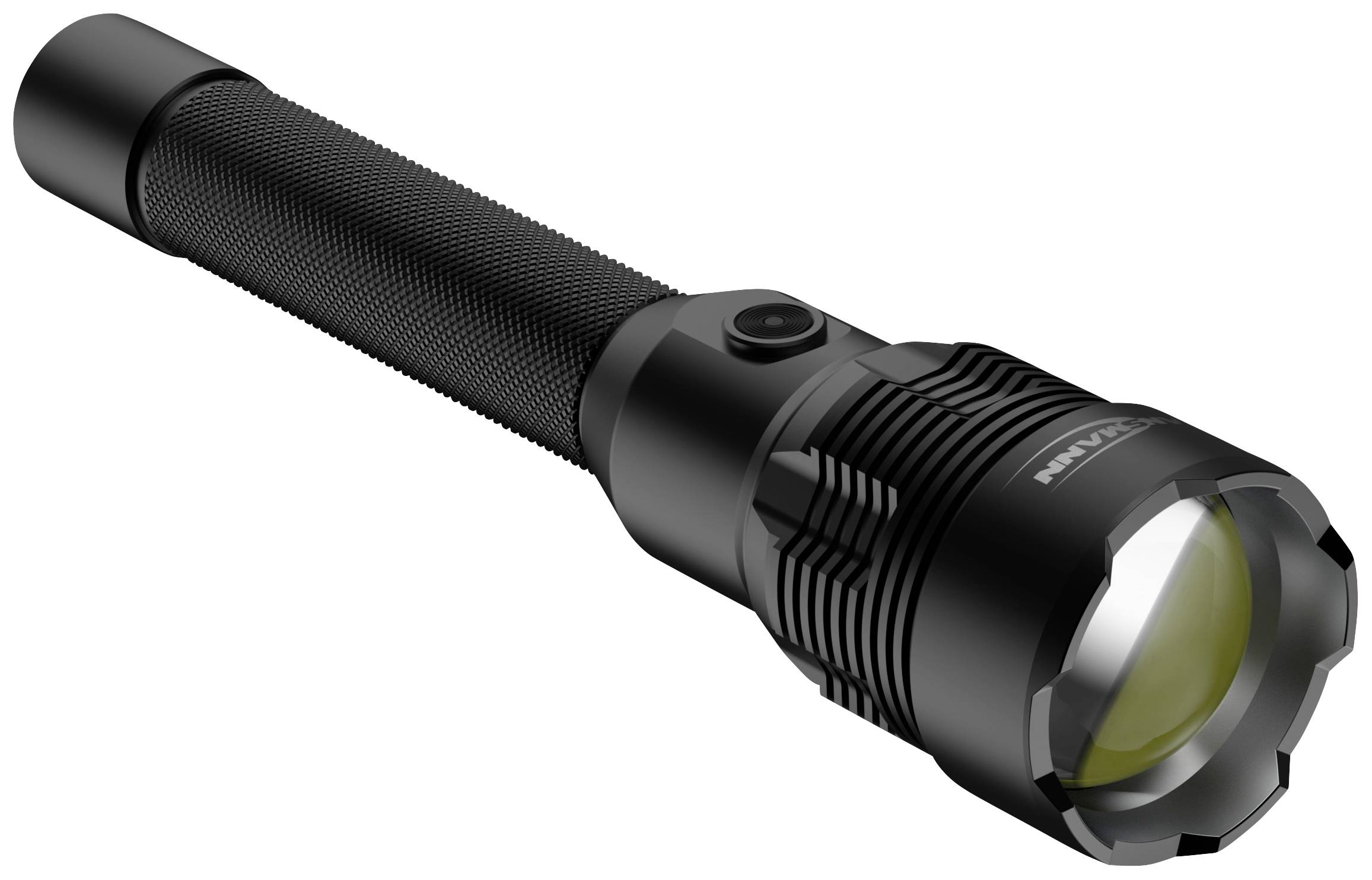 Black, battery-powered torch with a ribbed handle, side button, and a round illuminating beam at the front.