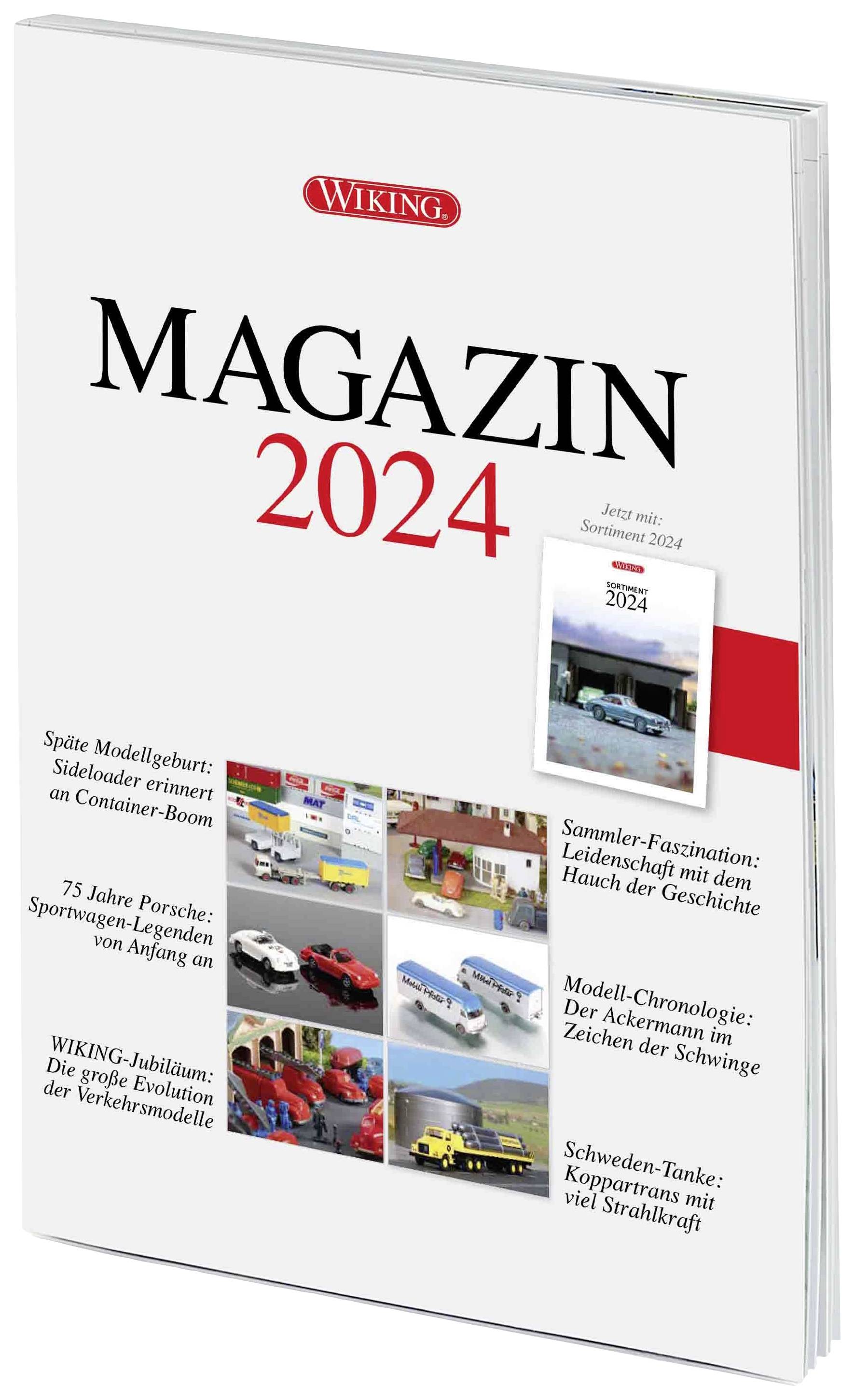 Cover image of the 'Wiking Magazine 2024'. Preview of models and articles about miniature vehicles, including a tractor, a bus and a petrol station.