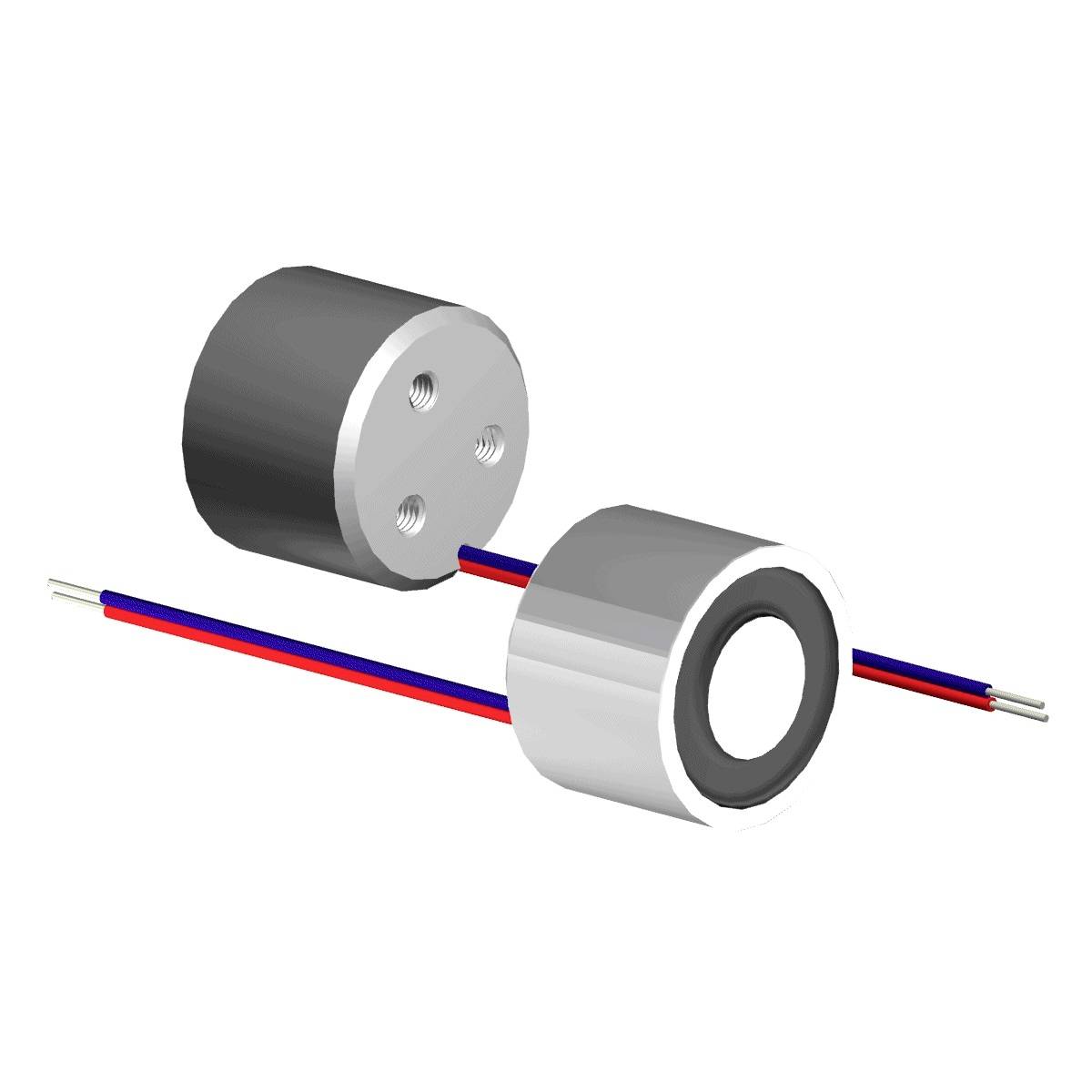 Two cylindrical electromagnets with cables. One shows the front side with a rounded edge, the other the rear side with mounting holes.