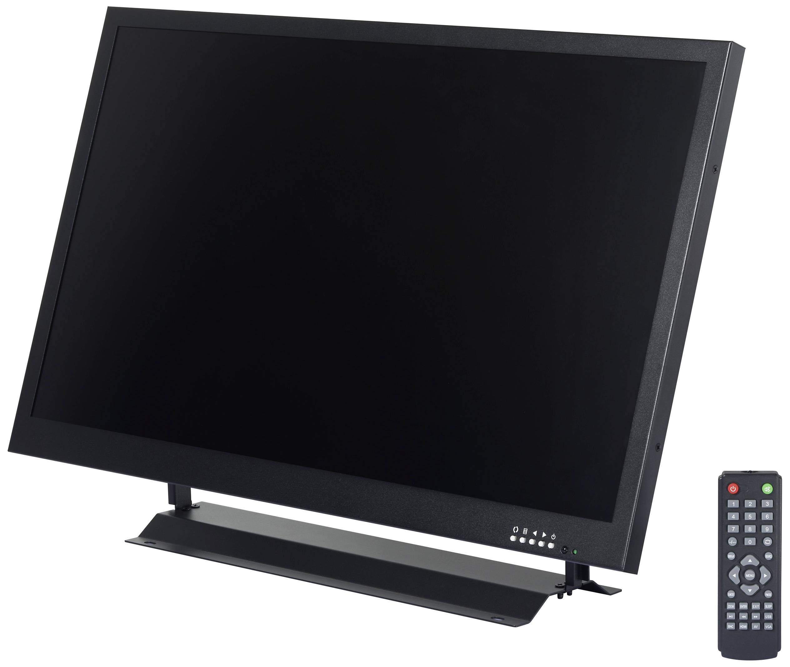 A wide black flat-screen television with a black frame, mounted on a stand. A black remote control sits to the right of it.