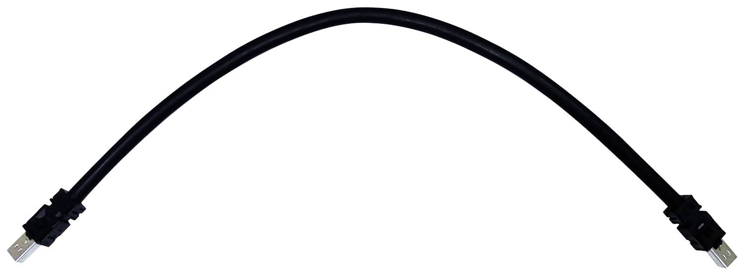 A black USB cable with plugs at both ends, slightly curved.