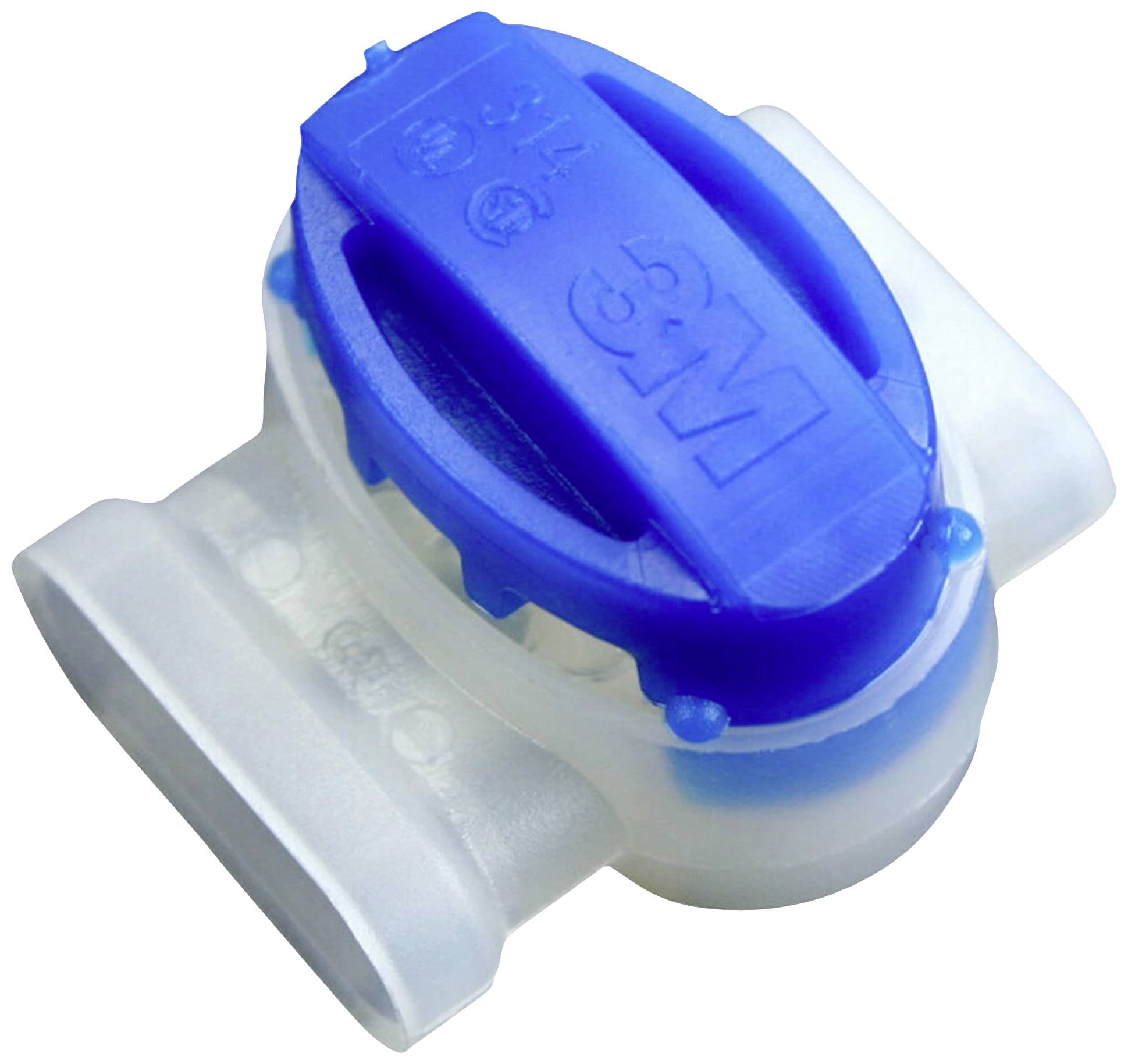 Plastic component with a blue upper section and clear sides, likely a connector or valve for pipes.