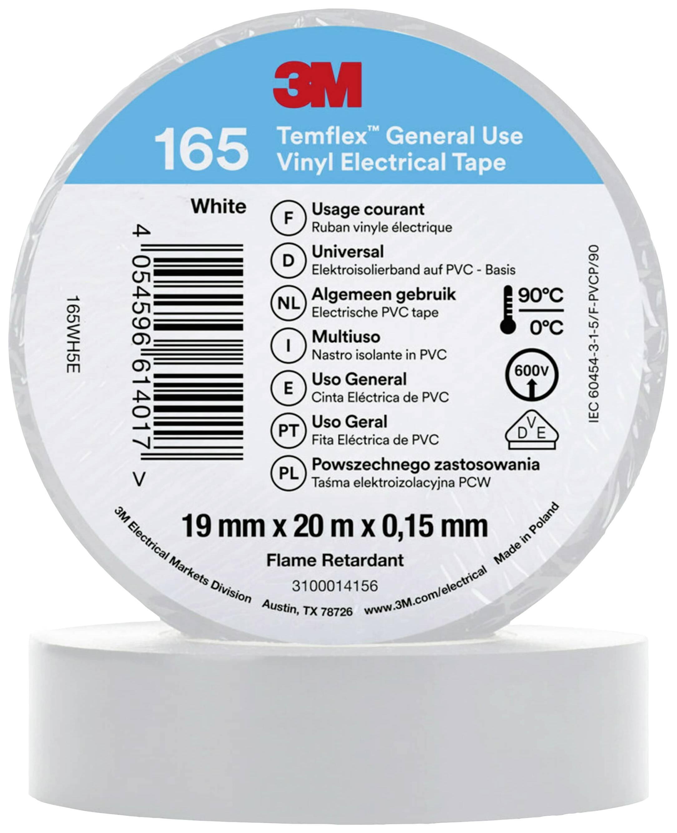 White electrical insulating tape roll '3M Temflex 165', diameter 19 mm x 20 m x 0.15 mm. Printed texts in multiple languages.