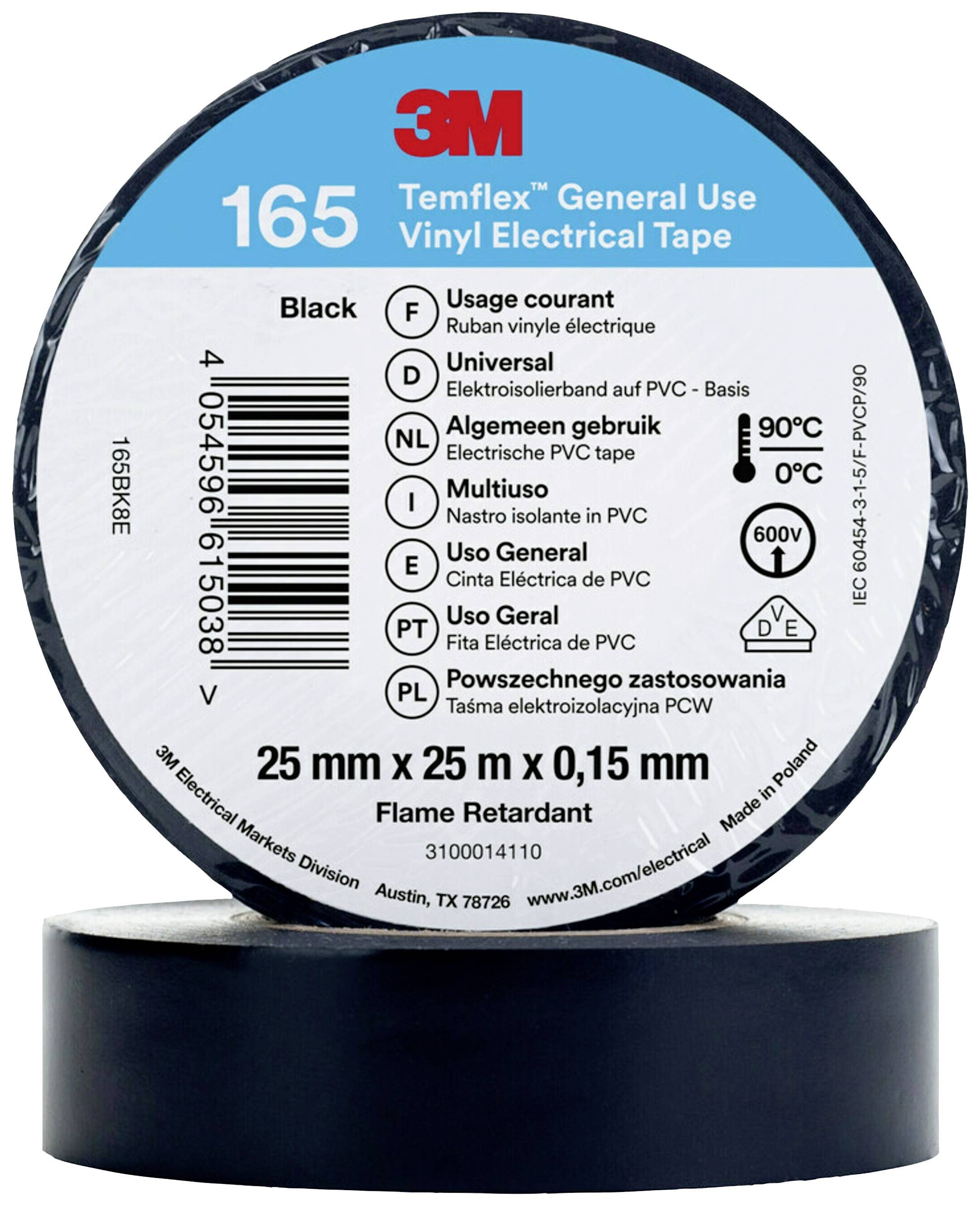 A black roll of 3M Temflex 165 vinyl insulating tape, suitable for universal use at temperatures up to 90°C.