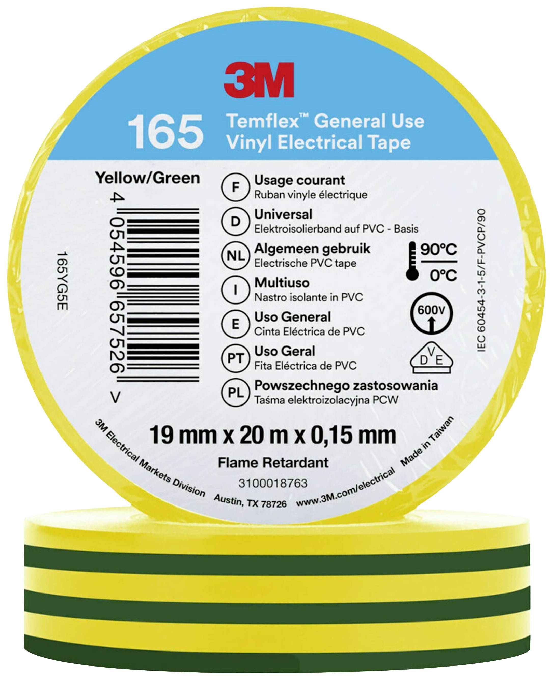 Yellow/green vinyl insulating tape by '3M Temflex 165', 19 mm x 20 m. Flame-retardant, for general use in electrical installations.