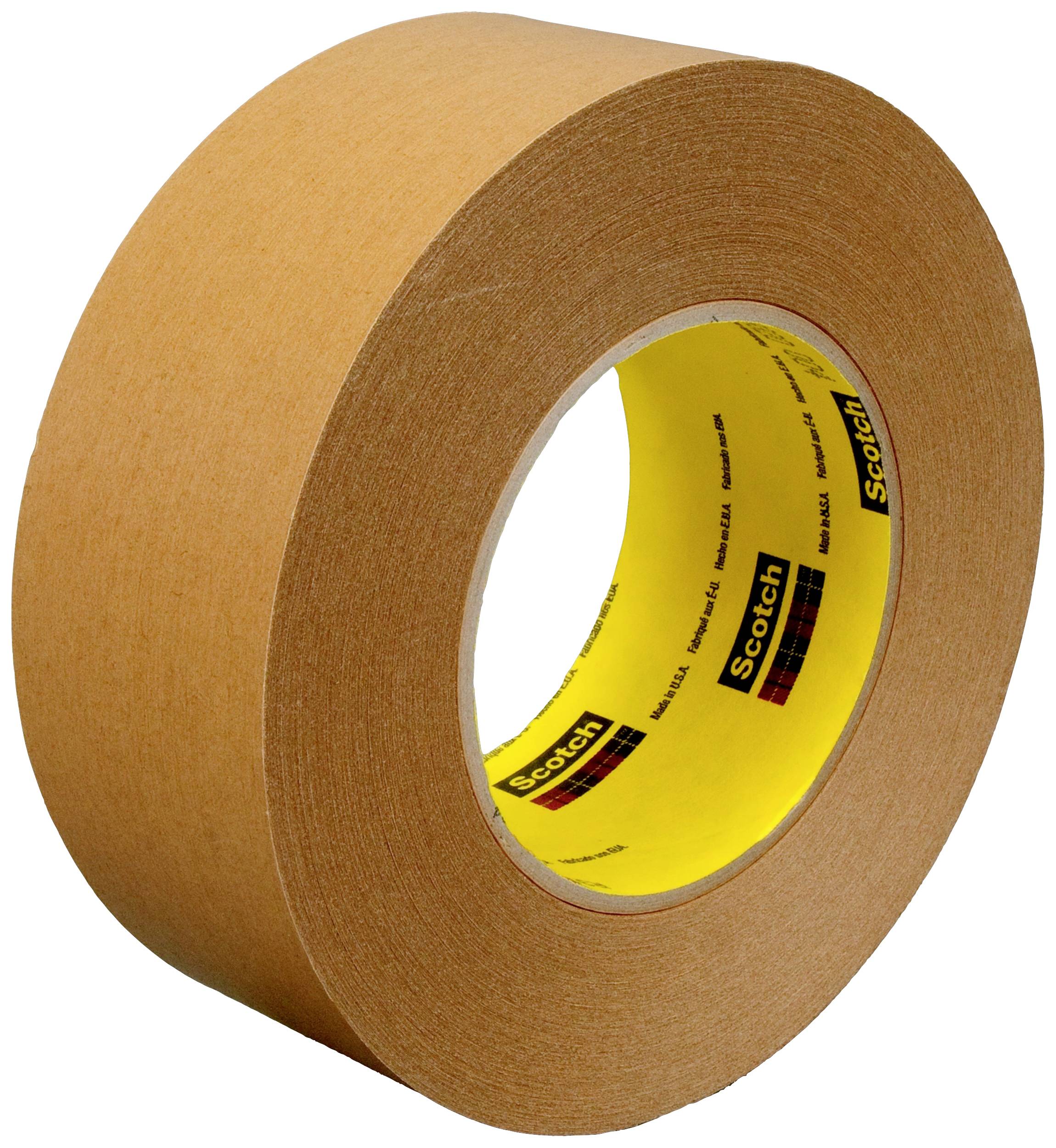 Brown paper sellotape roll standing upright, yellow inner core with black and red text.