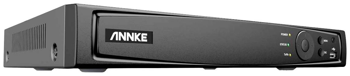 A black ANNKE DVR with illuminated status indicators, buttons, and a USB port. Used for video surveillance and recording.