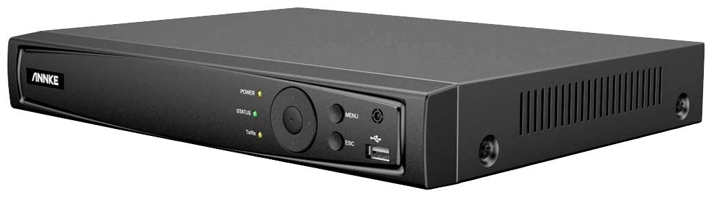 A black digital recorder with multiple ports and indicator lights on the front panel, suitable for video surveillance purposes.