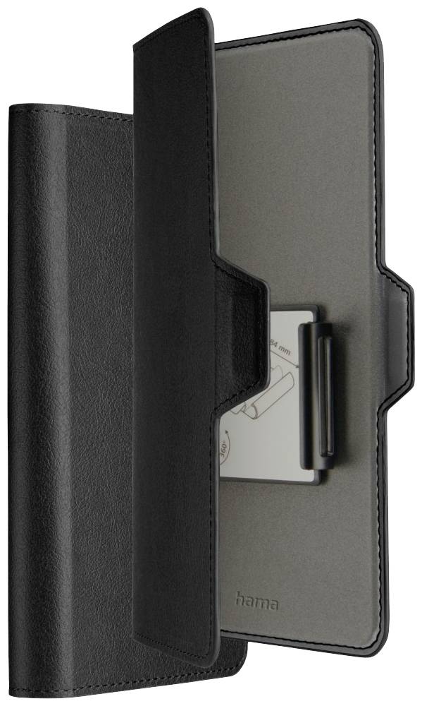 Black leather smartphone case, partially opened. Shows interior view with card slot.
