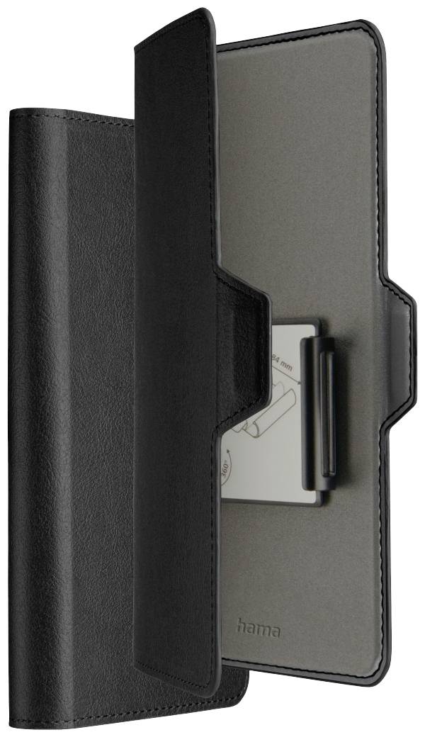 Black leather case for a mobile device, opened. Shows inner card slot and a device holder. Suitable for protection and portability.
