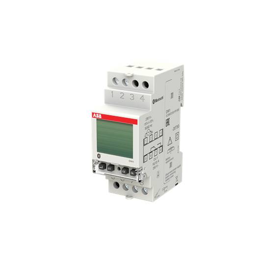 Electronic monitoring relay with digital display, white housing, red ABB logo and four buttons on the front.
