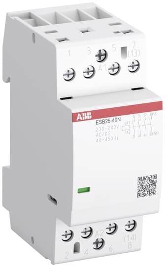 A white ABB contactor ESB25-40N, suitable for 230-240V AC/DC, with top and bottom terminals and a QR code on the front.