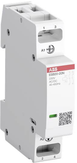 An electromechanical contactor by ABB, model ESB20-20N, suitable for 230V AC/DC and 40-450Hz, with QR code on the front face.