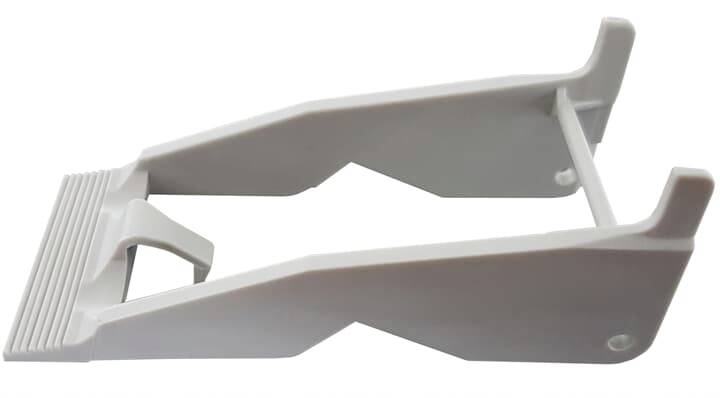 Plastic tyre lever with serrated edge and handle, in white.