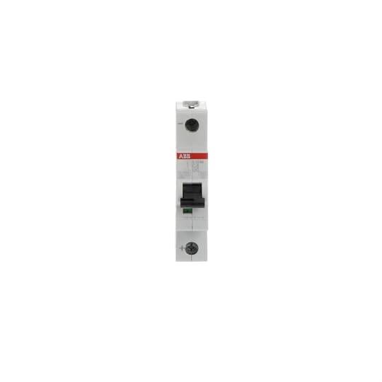 An electrical circuit breaker in a vertical orientation, grey with a red label.