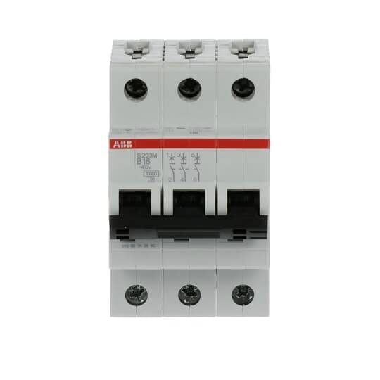 A three-pole circuit breaker in the foreground, suitable for electrical safety in buildings, displayed against a white background.