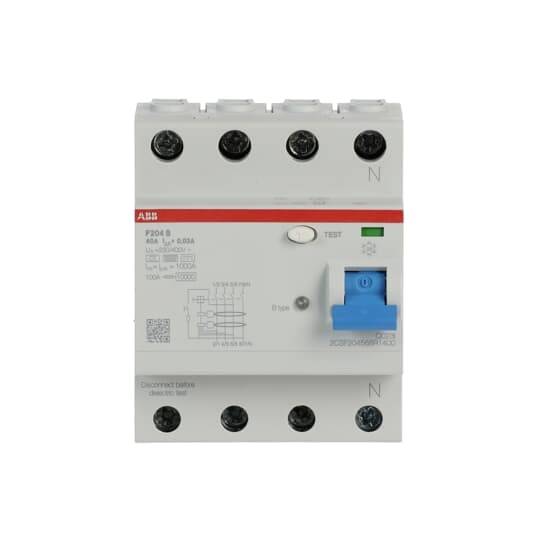 A four-pole RCD (residual current device) with a blue test button and detailed technical specifications on the front.