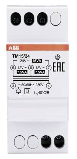 'ABB TM15/24' Transformer for DIN rail mounting, Input 230V at 50/60Hz, Output 12V and 24V, Rated power 15VA.