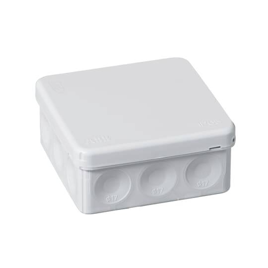 Grey, square plastic junction box, suitable for flush or surface-mounted installation with multiple cable entries.
