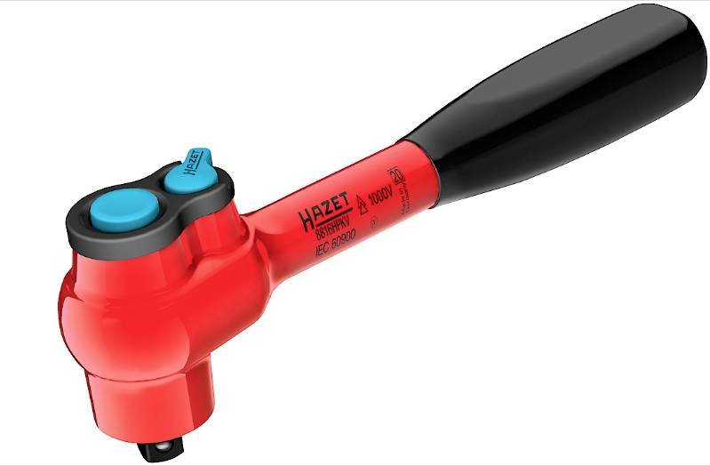 A red Hazet torque ratchet with a black handle and blue buttons, shown on a white background.