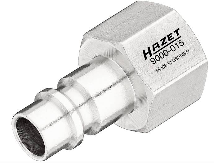 A silver metal adapter with the inscription 'Hazet 9000-015 Made in Germany'.