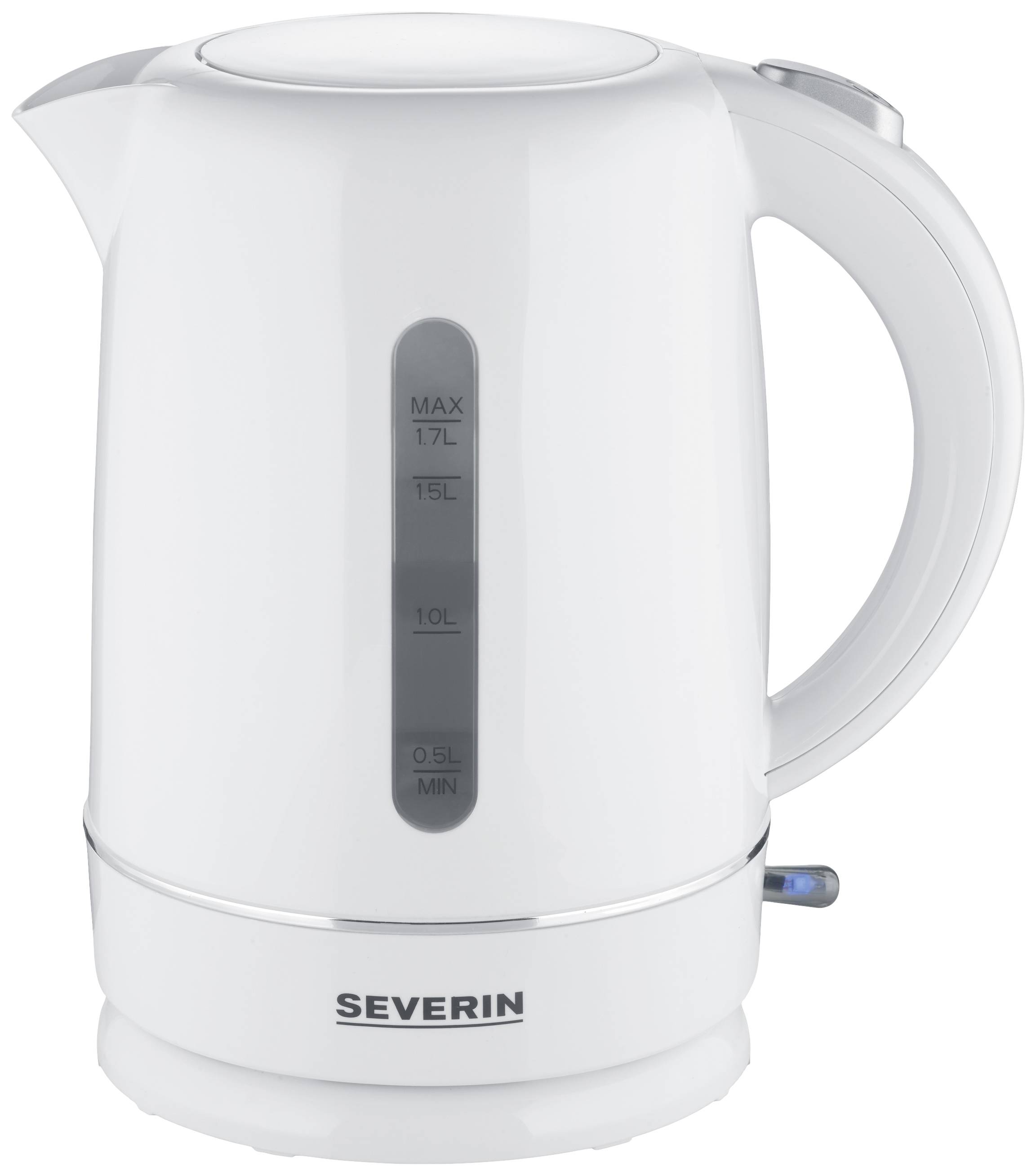 A white kettle by Severin with a capacity of 1.7 litres. The water level indicator is clearly visible.