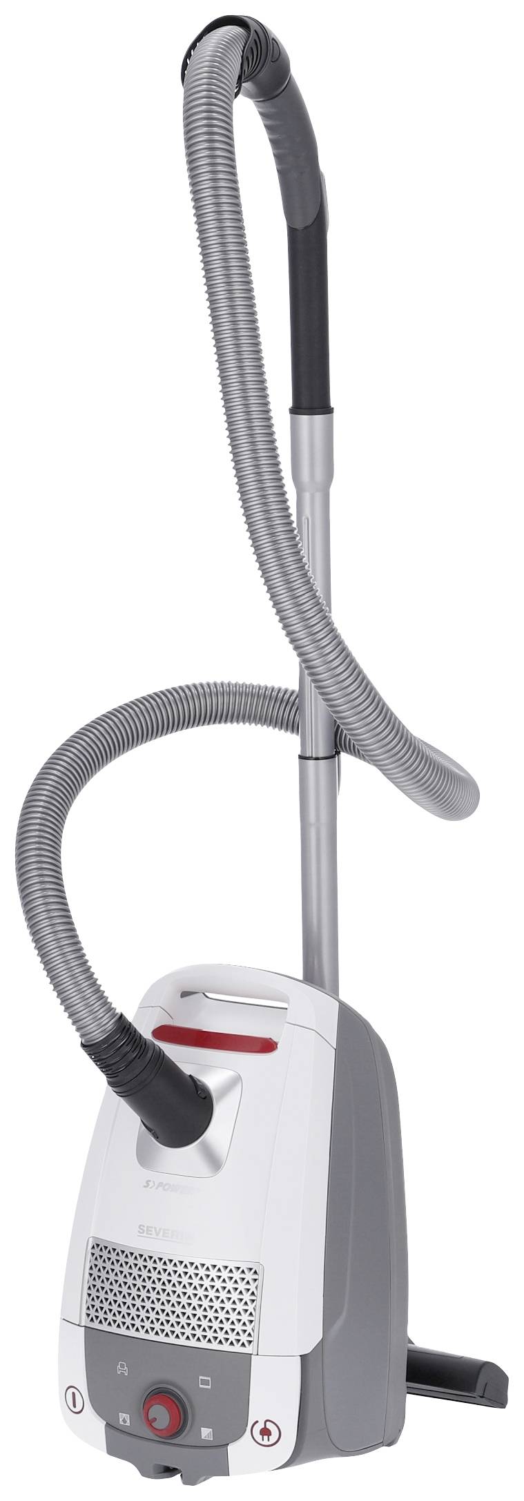 A white and grey vacuum cleaner with a red button and flexible hose, standing vertically.