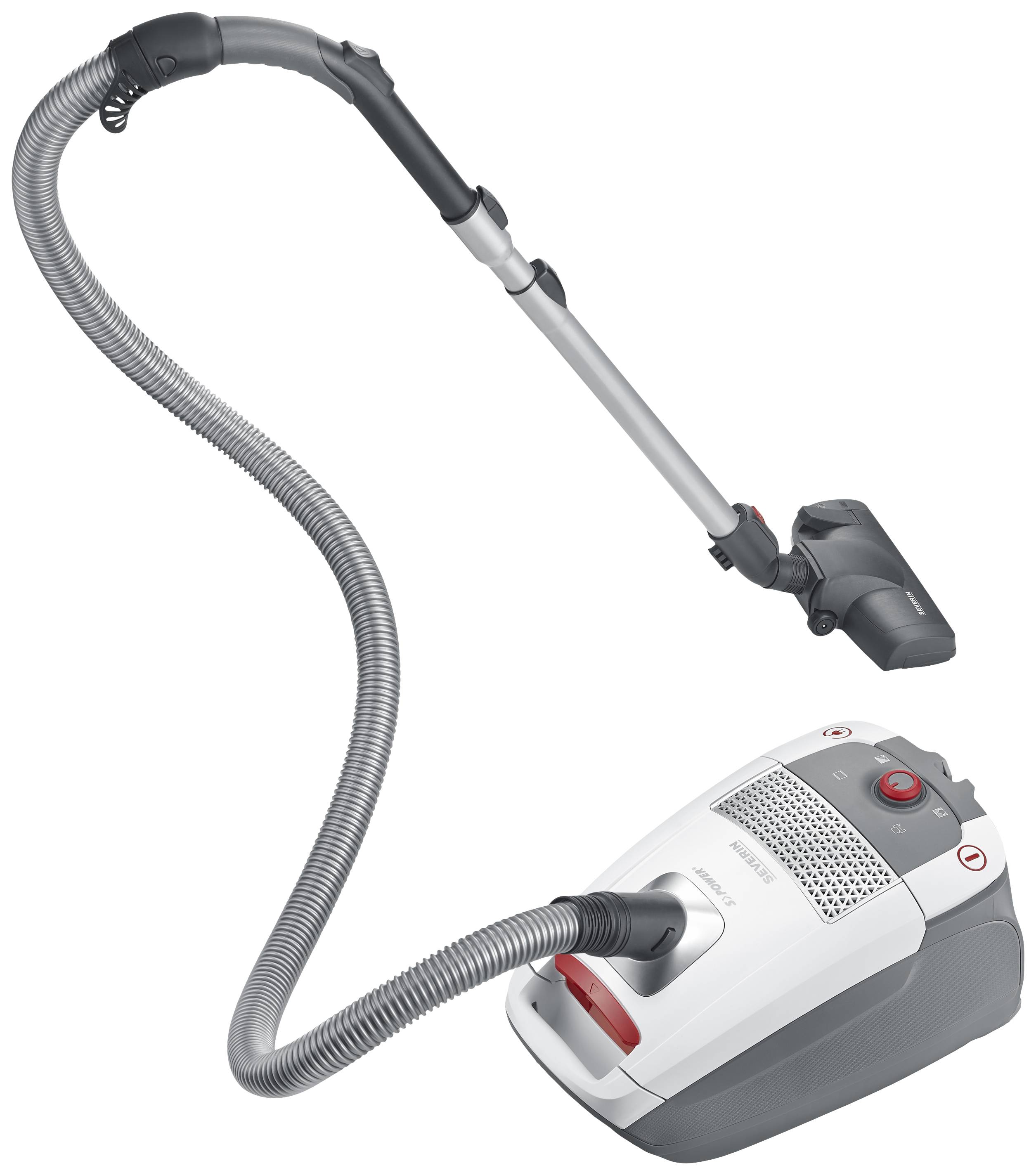 Vacuum cleaner with a long hose and floor attachment near a white, compact housing on a clean background.