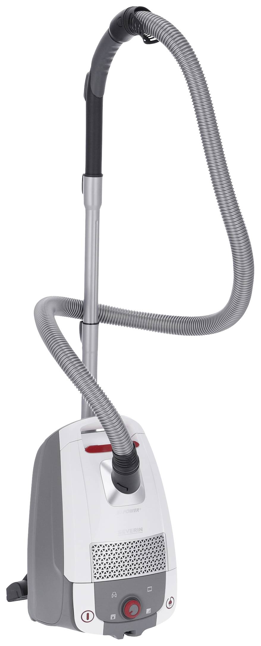 A white vacuum cleaner with a grey hose and red accents stands upright. Ideal for cleaning living spaces.