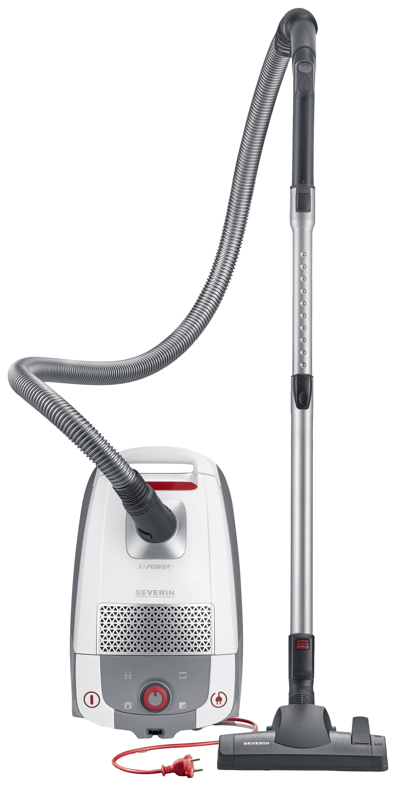 A white vacuum cleaner with a red switch and cable, grey suction tube and hose on a white background.