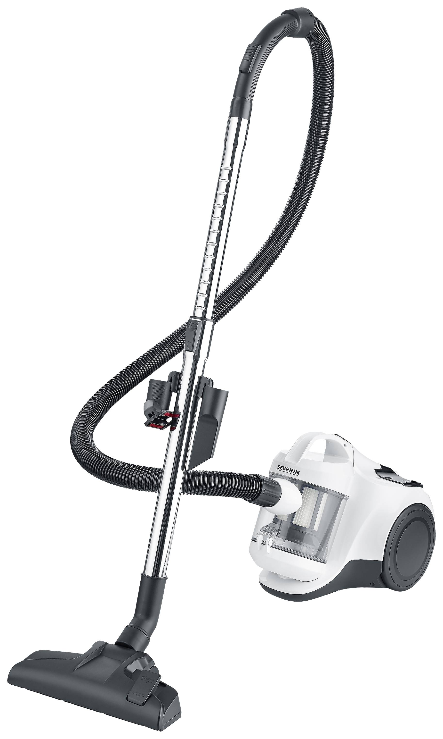A white, compact vacuum cleaner with a black hose and brush. The vacuum cleaner stands on wheels and has an ergonomic handle.