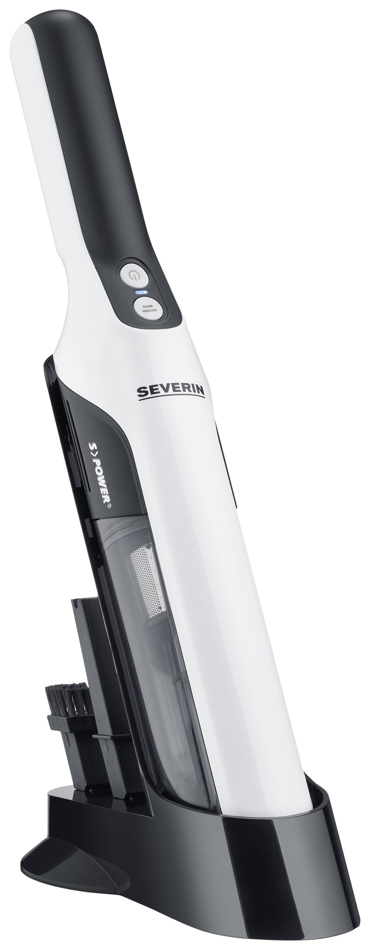 Cordless handheld vacuum cleaner in white design on charging station. 'SEVERIN' branding visible. Minimalist, modern appearance.