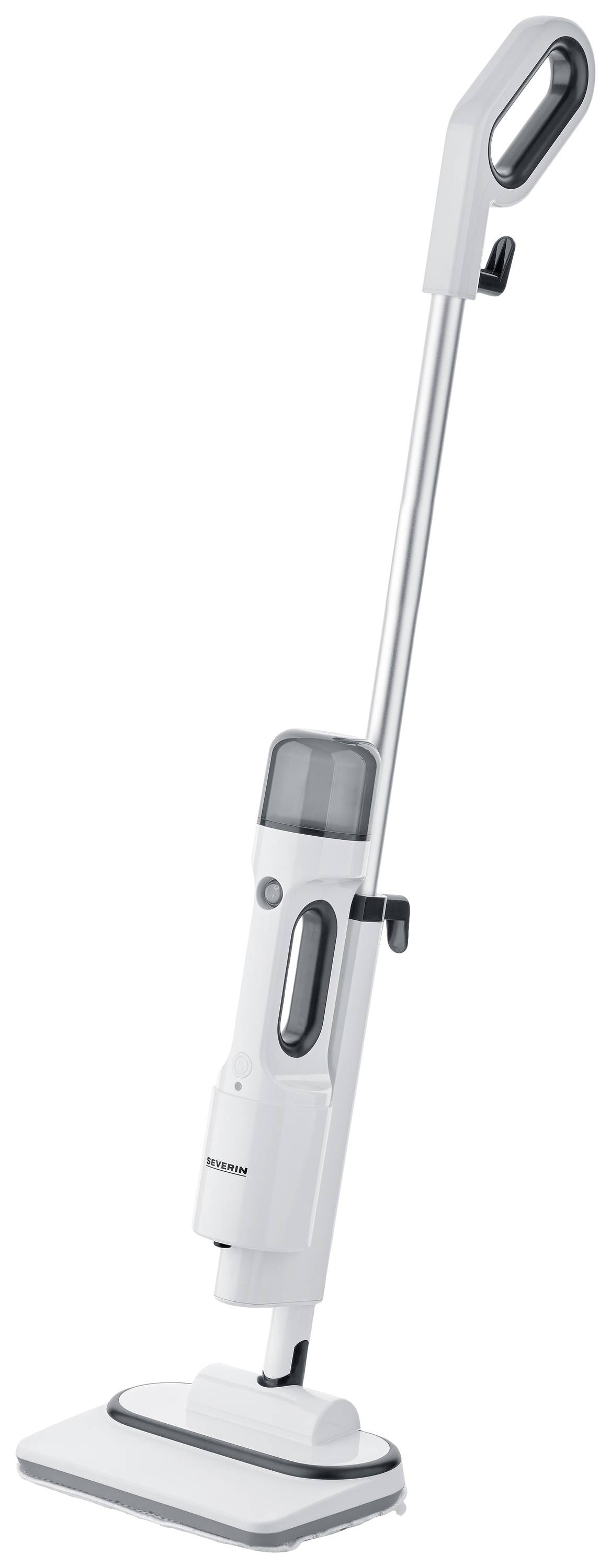 A white, slender steam cleaner with an ergonomic handle and a rectangular cleaning head, suitable for floors.