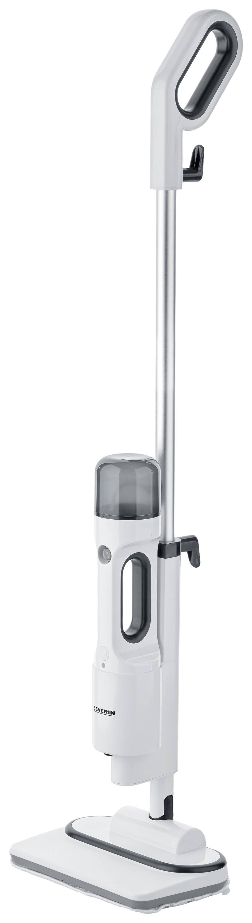 A white steam mop with an ergonomic handle and transparent water tank, standing on a white surface.