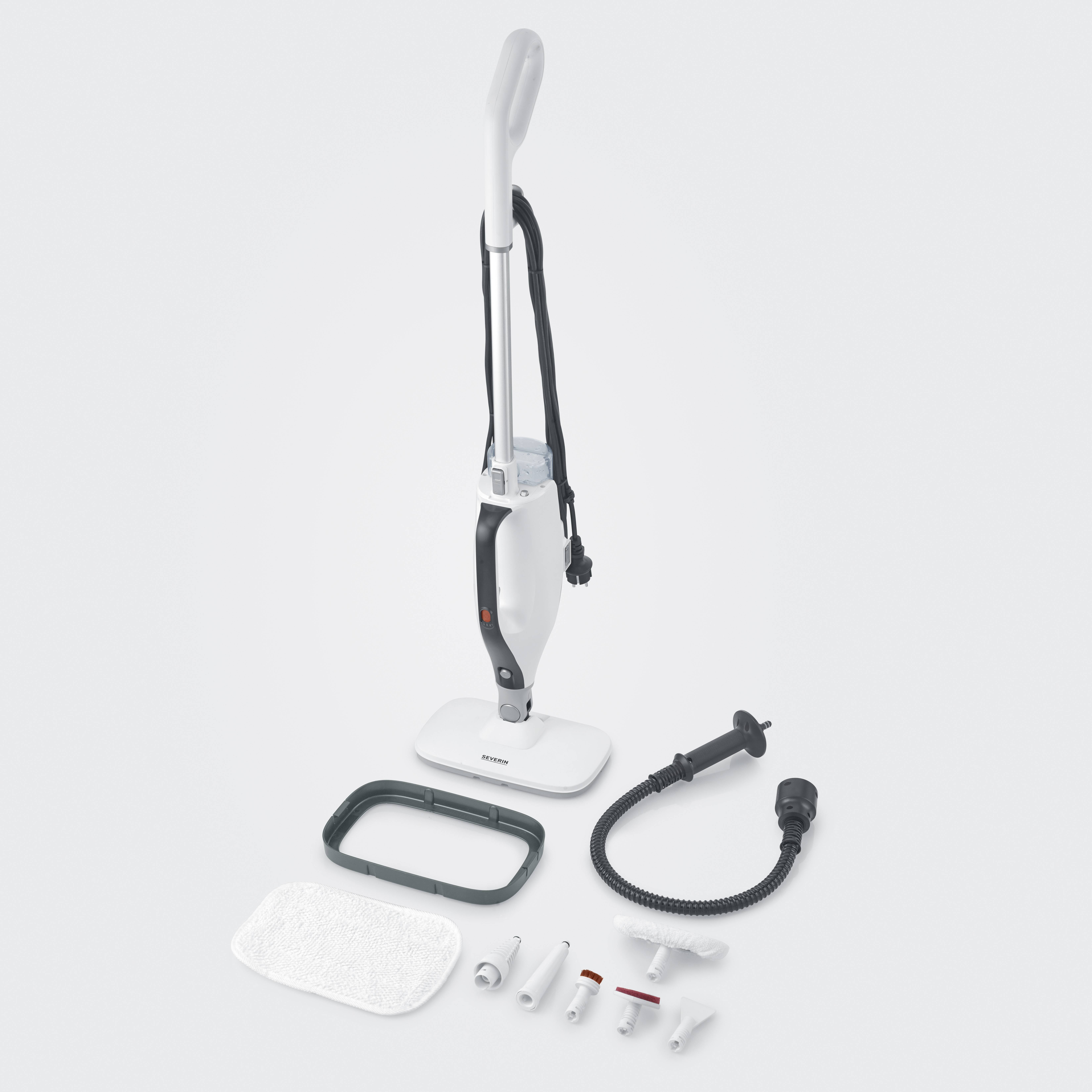 Steam cleaner with accessories: Floor nozzle, cleaning cloths, various nozzle attachments and hose. Suitable for thorough floor cleaning.