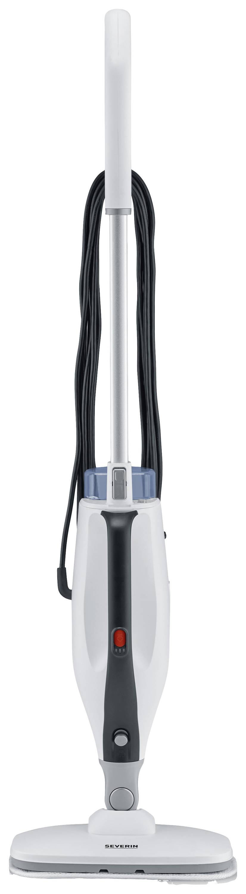 A white upright steam cleaner with a black handle and a cable on the side, suitable for cleaning floor surfaces.