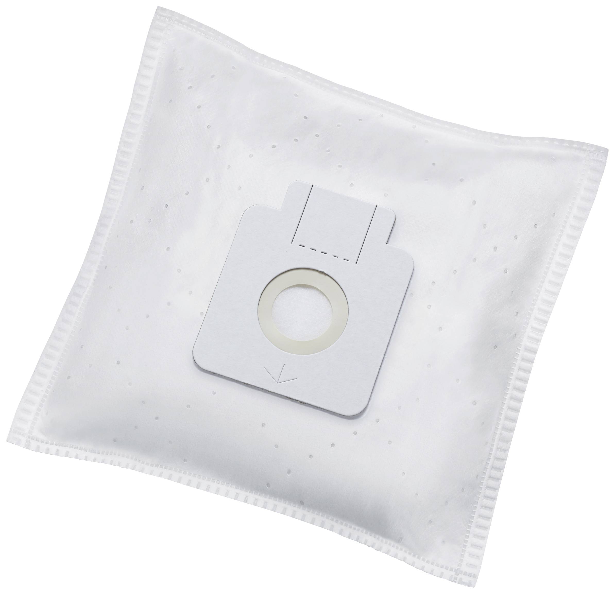A white vacuum cleaner bag with a rectangular connector and a round hole in the centre, lying on a neutral surface.