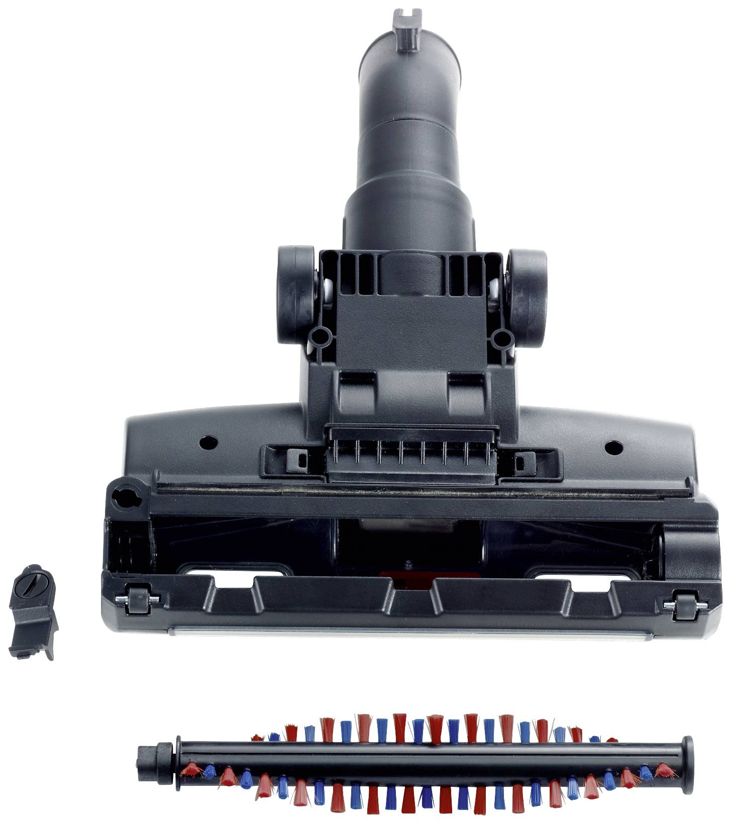 A black vacuum cleaner attachment with a rotating brush, ideal for carpet cleaning. Underneath, a separate brush roller can be seen.